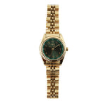 Emir Watches vue de face montre femme  cadran vert chiffres arabes et boîtier couleur or 