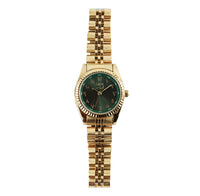 Emir Watches vue de face montre femme  cadran vert chiffres arabes et boîtier couleur or 