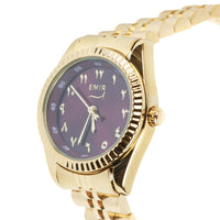 Vue de 3/4 montre femme Emir Watches cadran rubis chiffres arabes et boîtier or rose