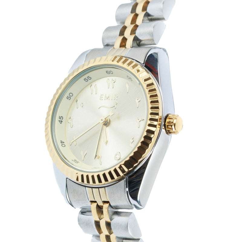 Vue 3/4 montre femme Emir Watches chiffres arabes cadran ivoire - boitier acier et doré 