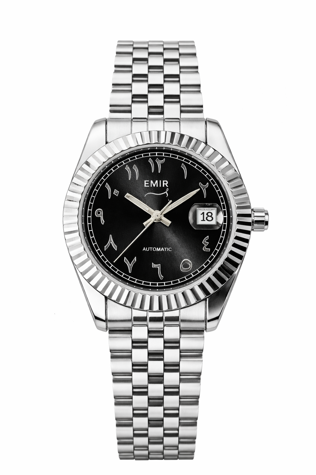 Montre chiffres arabes Emir Watches automatique en acier inoxidable avec cadran noir 