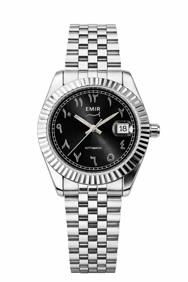 Montre chiffres arabes Emir Watches automatique en acier inoxidable avec cadran noir 